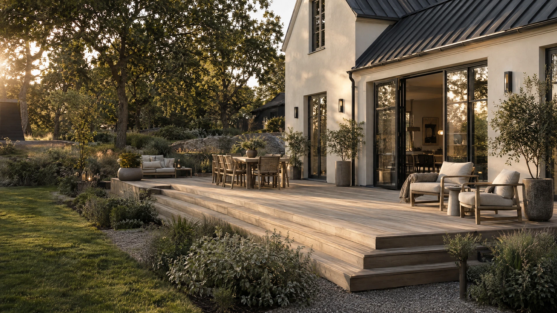 Inspiration: en elegant villa med träaltan i kvällsljus
